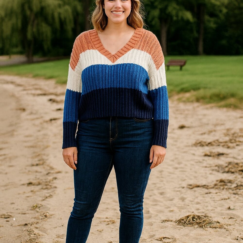Aeropostale Women XS Cable Knit V Neck Pink/Blue/White Long Sleeve Boho Sweater